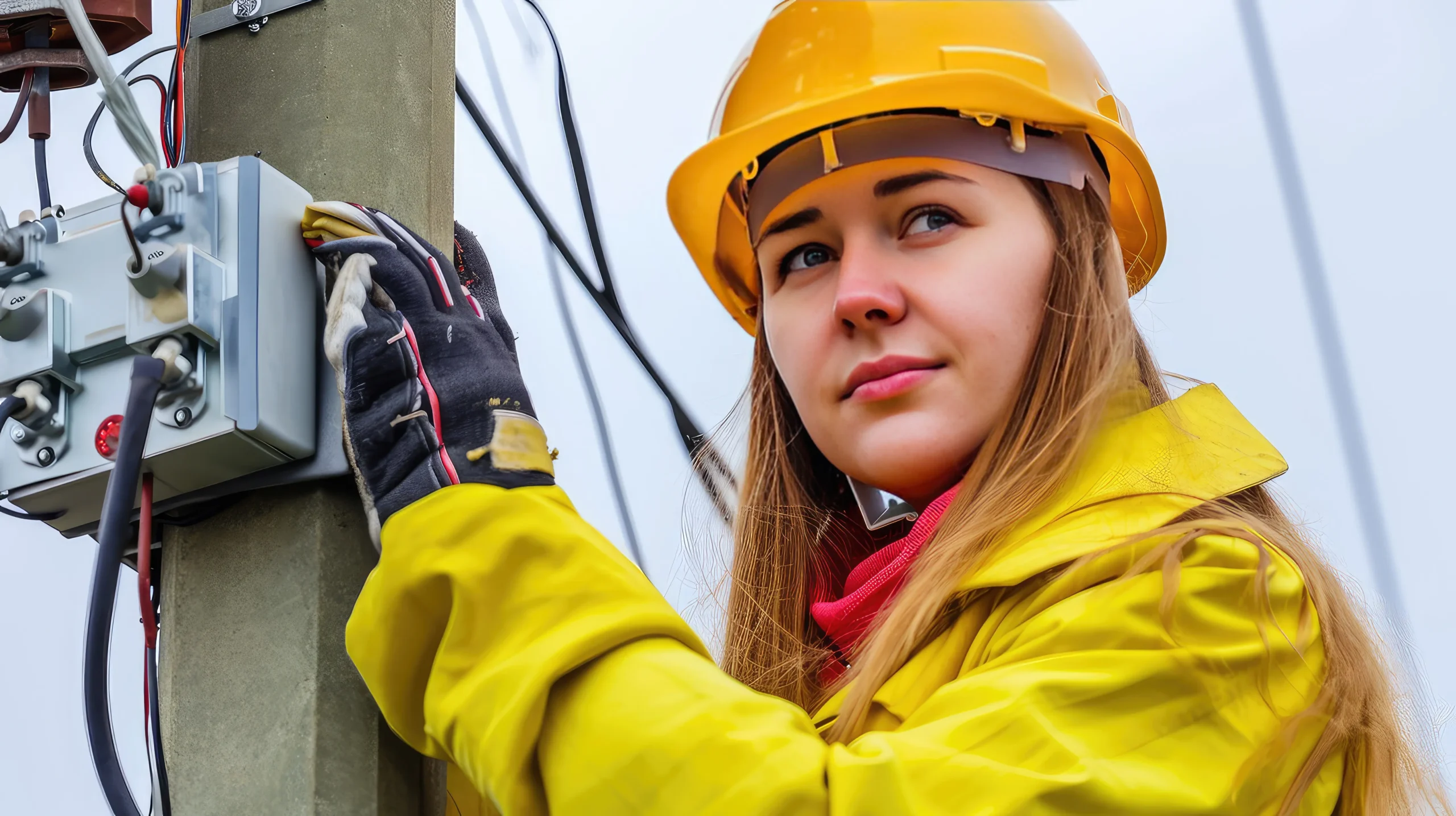 A woman standing outside wearing a hardhat pressing an electrical pannel