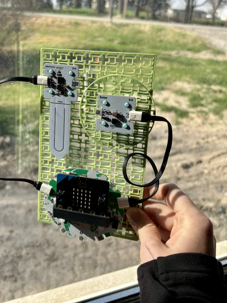 Forward Education's habitat monitoring project build indoors overlooking a grassy field