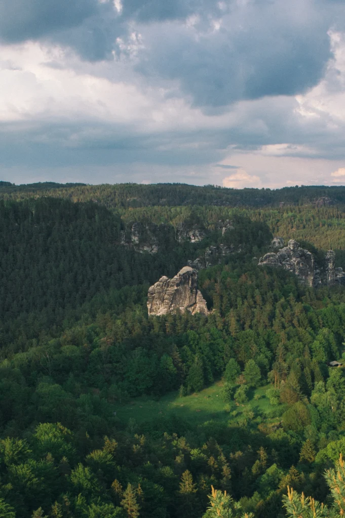 A tall, uniquely shaped rock formation rises dramatically from a dense green forest under a cloudy sky.
