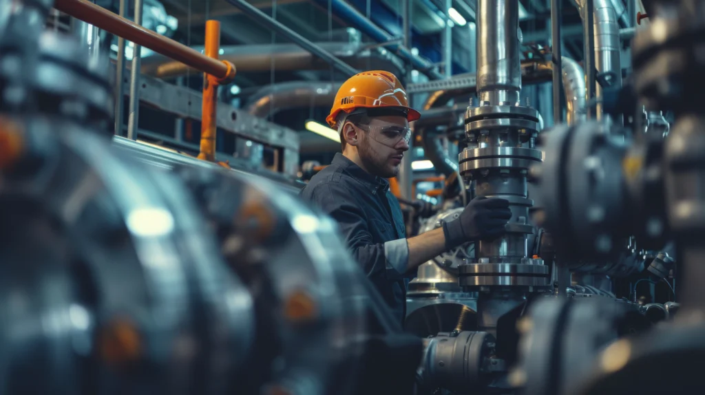 A male engineer wearing an orange hard hat and safety glasses works on industrial piping and machinery.