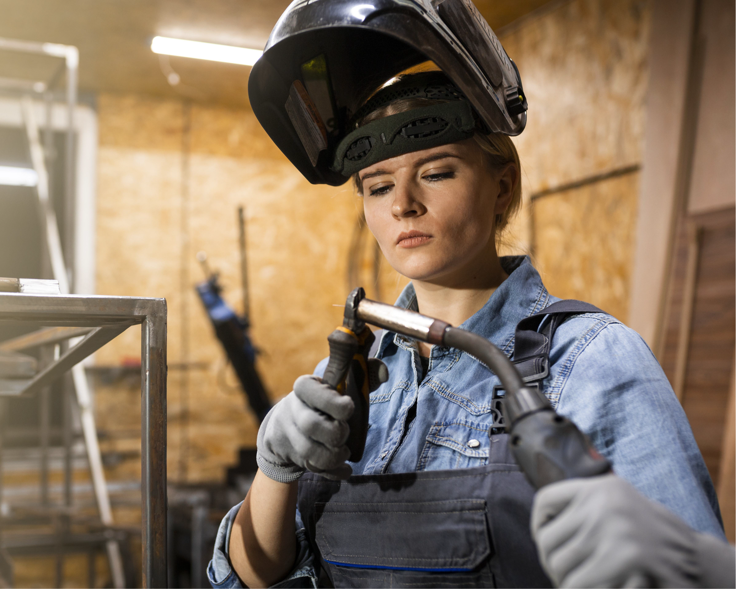 A woman holding a pipe and torch wearing a welding helmet.