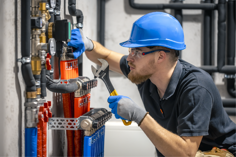 A plumber in a blue hard hat, safety glasses, and gloves uses a wrench to work on a system of pipes and gauges.