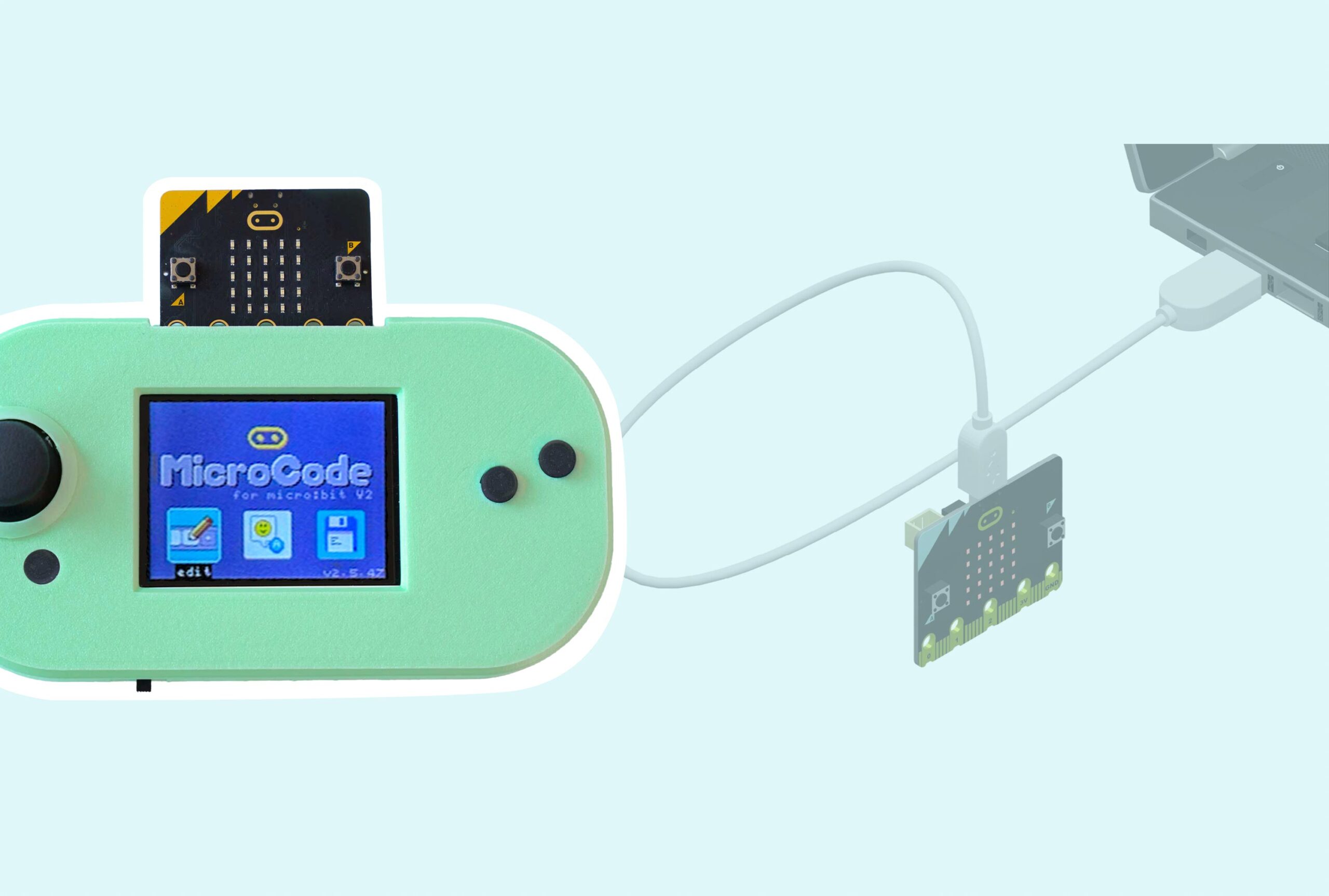 micro:bit connected to both CodeCTRL and computer via a microUSB cable.
