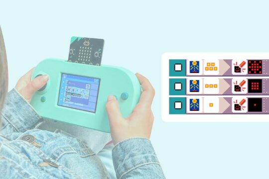 Student codes a when-do rule in MicroCode. When light is high, do show sun icon on micro:bit LEDs. When sunlight is low, do show a single dot on the micro:bit LEDs.