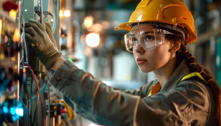 A woman wearing a yellow hard hat and safety glasses adjusts equipment in what appears to be an industrial setting.