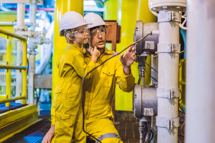 An adult and a child, both wearing white hard hats and yellow coveralls, are looking at industrial equipment.