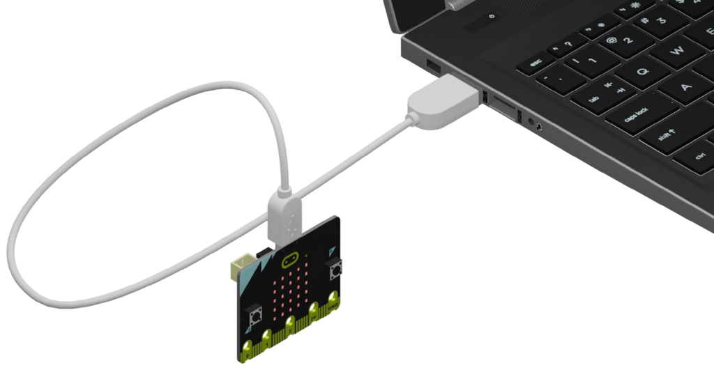 microUSB cord connects a micro:bit to a personal laptop.