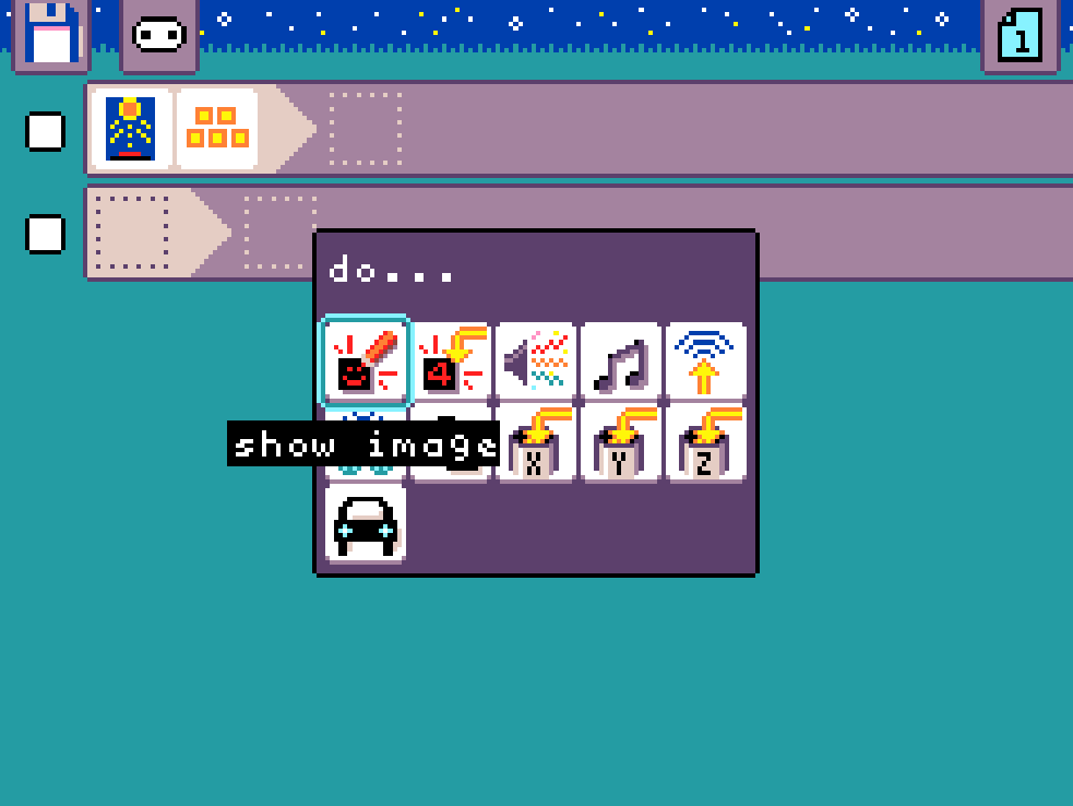 MicroCode screenshot. The 'Do' menu has the following options: show image, show number, sound, play notes, radio send, radio set group, switch page, set variable, robot. The 'show image' option is highlighted.