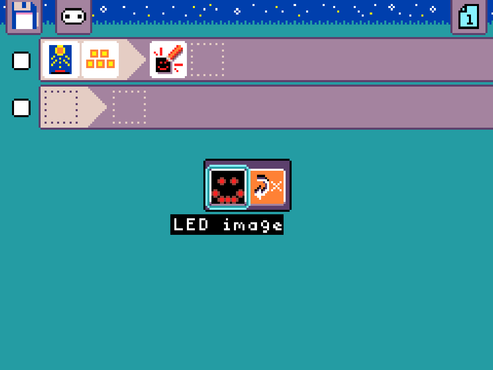 MicroCode screenshot. Parameters for 'show image' include: LED image or repeat. The user has highlighted LED image.