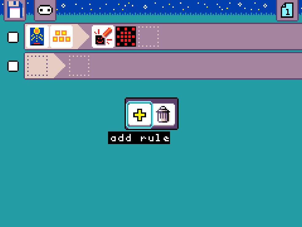 MicroCode screenshot. User is selecting 'add rule' option from menu, which is a plus icon. There is also a trash can option to delete the currently selected rule.