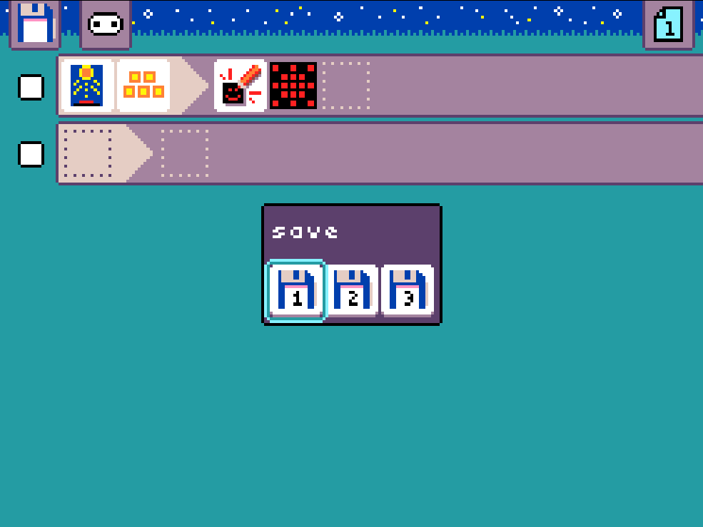MicroCode screenshot. There are three save files to choose from in MicroCode. The user has selected option 1.