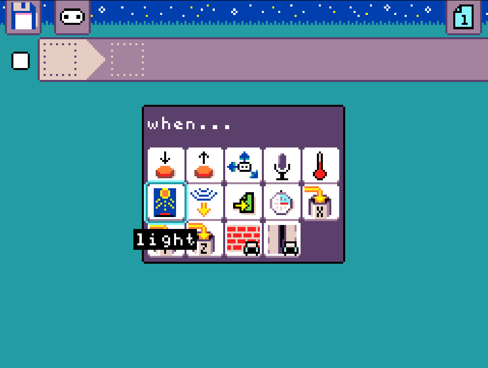 MicroCode screenshot. An open menu of all the events available in MicroCode. These include: button pressed, button released, accelerometer, sound, temperature, light sensor, radio receiver, page start, time, variable X, variable Y, variable Z, wall, and line. Light sensor option is highlighted.