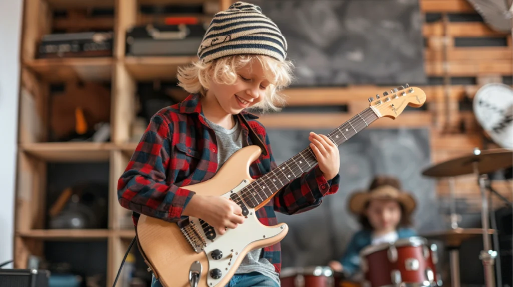 A young boy with blonde curly hair and a striped beanie smiles while playing an electric guitar.