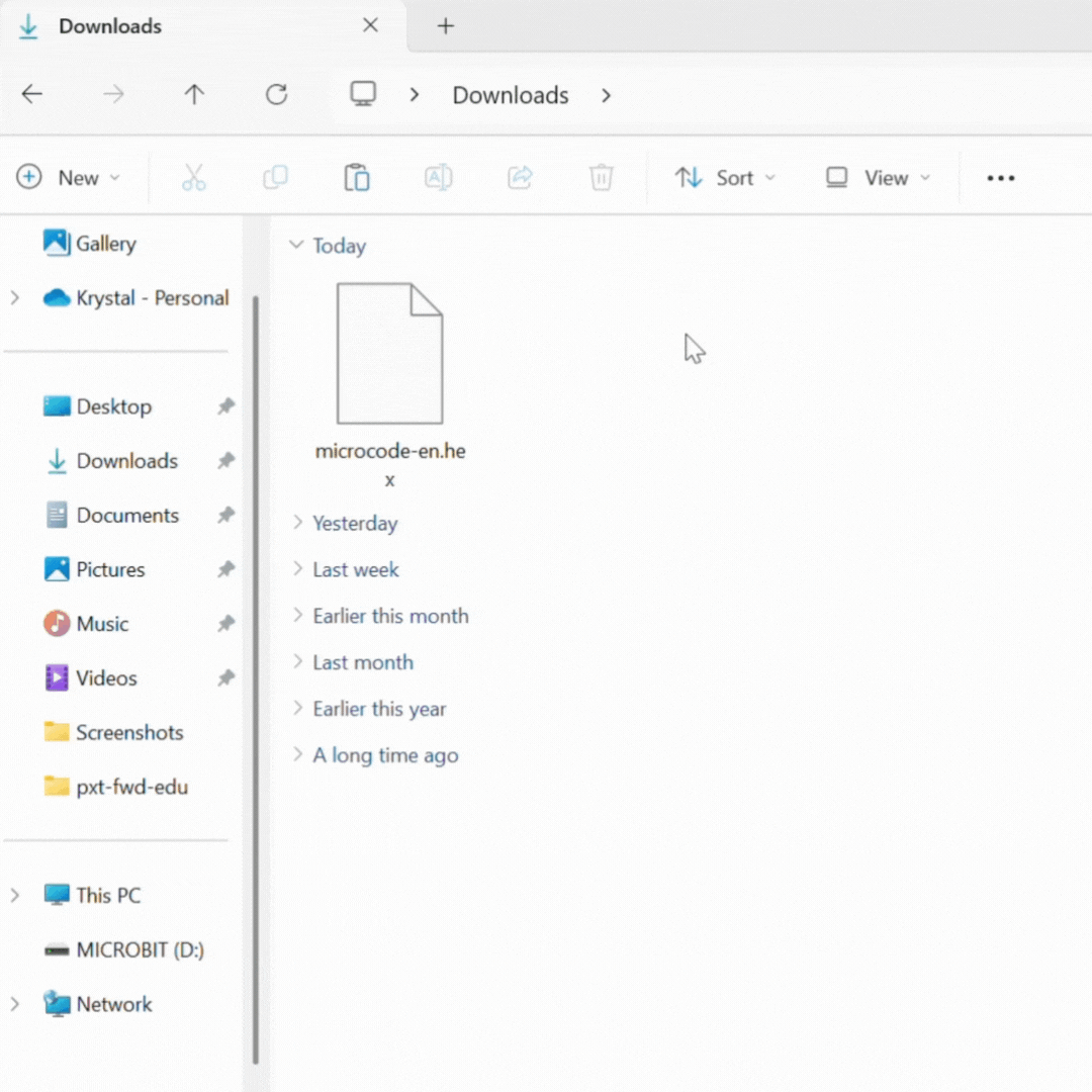 Drag-and-drop MicroCode .hex file from Downloads folder to micro:bit drive.