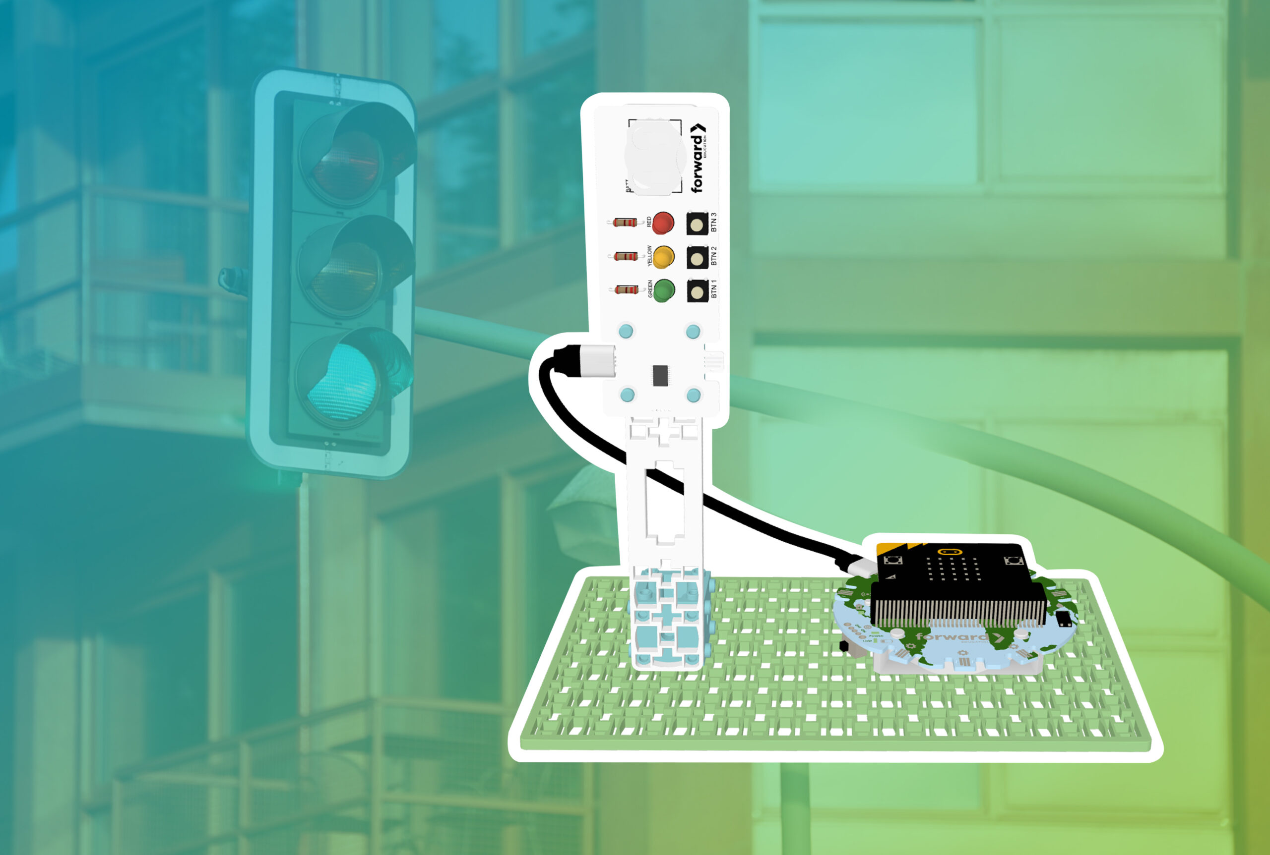 A graphic illustrating a "Traffic Light Project." On the left, a digital rendering of a traffic light shows its green light illuminated. To the right, a white circuit board with three colored LEDs (red, yellow, green) connected to resistors and wires is plugged into a black micro:bit board, which sits on a light green breadboard. A USB cable connects the micro:bit to another component that is mostly obscured. The background is a blurred image of modern buildings with large windows, tinted in shades of blue and green, suggesting a city environment.