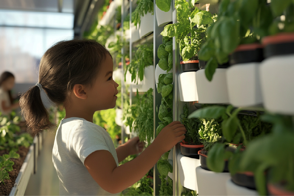 A young girl with her hair in a ponytail looks with curiosity at rows of green plants growing in an indoor vertical garden.