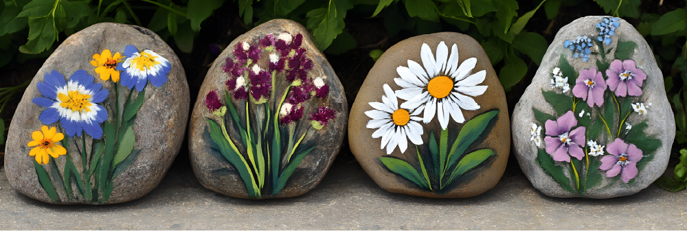 A row of four smooth river rocks are lined up, each hand-painted with a different and colorful floral design including pansies and daisies.