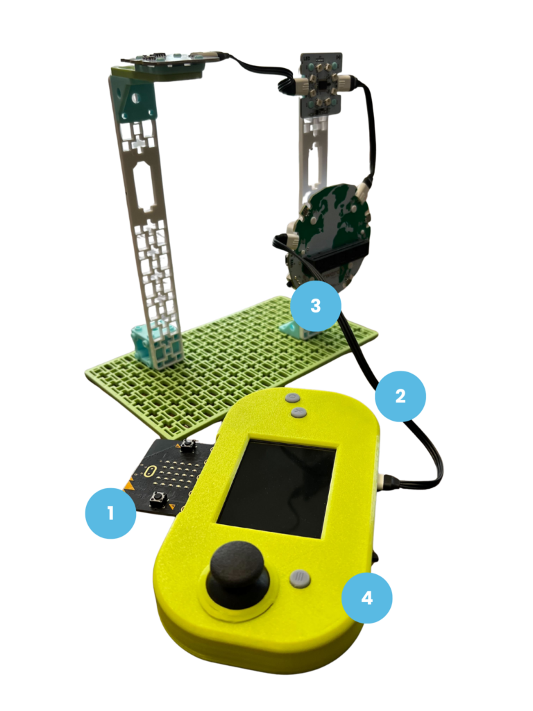 Visual representation of the instructions:
1. Plug your micro:bit into the top of the CodeCTRL device.
2. Connect your CodeCTRL to a sensor port on breakout board.
3. Turn on the breakout board.
4. Turn on the CodeCTRL.