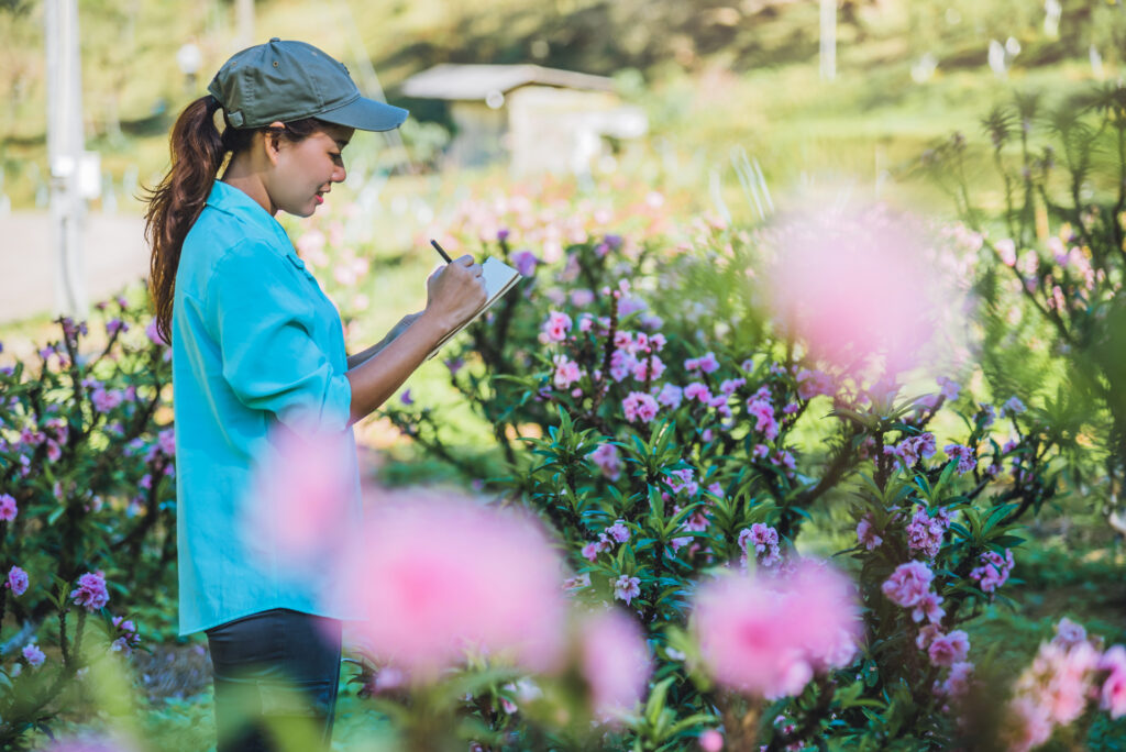 Side view of a female researcher examining an outdoor garden.