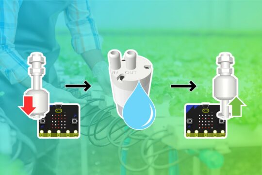 Thumbnail. Graphical flow chart for a micro:bit auto-refill system. It shows a float switch with a red downward arrow (low water) activating a pump/micro:bit controller, which leads to a float switch with a green upward arrow (refilled/high water).