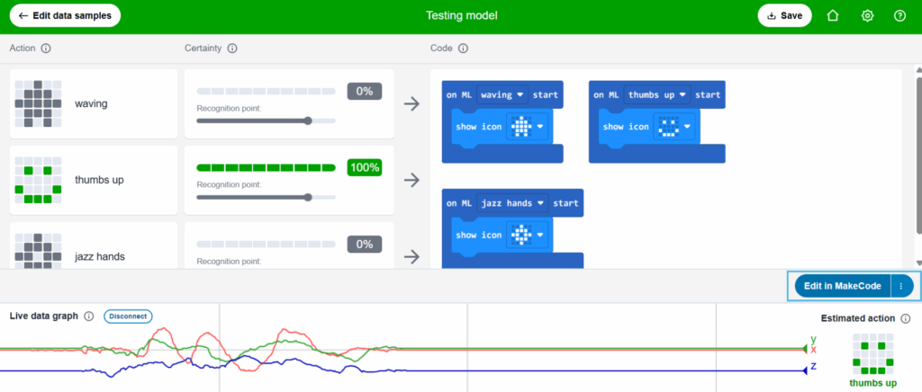Screenshot of the CreateAI dashboard showing the 'Edit in MakeCode' button on the bottom right of the screen.