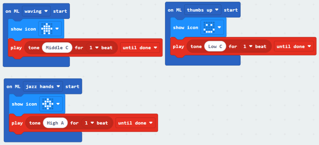 Final code that reads:

on ML waving start, show icon house, play tone middle C for 1 beat until done

on ML thumbs up, show icon smile, play tone low C for 1 beat until done

on ML jazz hands start, show diamond, play tone high A for 1 beat until done