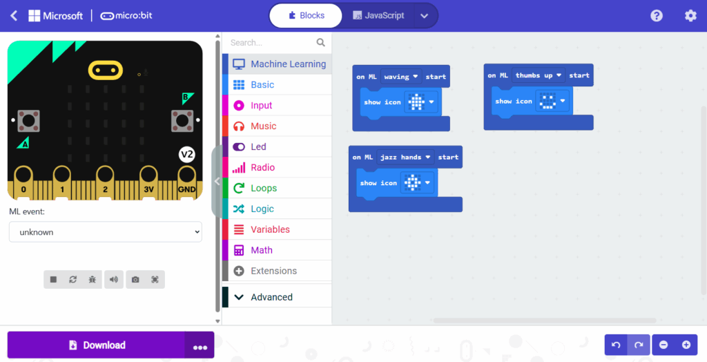 Screenshot of MakeCode editor with new 'Machine Learning' block category.