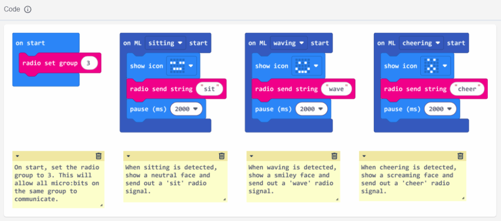 Sample code that reads:

On start, radio set group 3.

on ML sitting start, show neutral icon, radio send string "sit", pause 2 seconds

on ML waving start, show smiley icon, radio send string "wave", pause 2 seconds

on ML cheering start, show yelling icon, radio send string "cheer", pause 2 seconds.