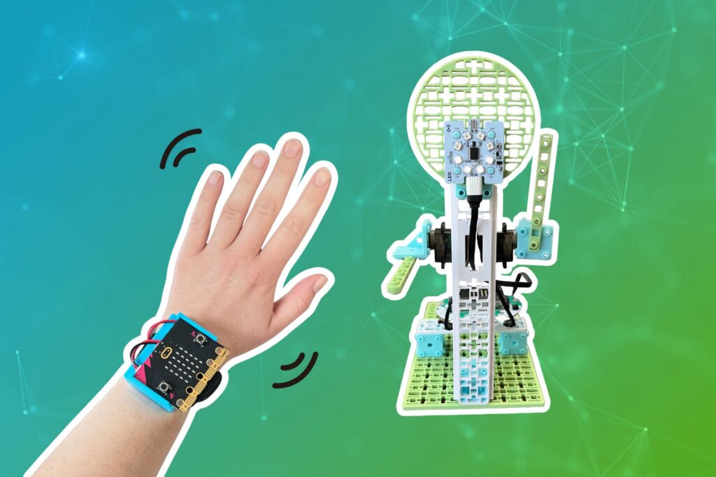 Thumbnail. Person wearing a micro:bit attached to a CHARGE waves at a robot who waves back!