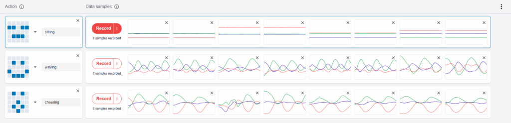 Screenshot of CreateAI model trained to recognize sitting, waving, and cheering. Each action has 8 data samples.