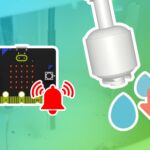 Thumbnail. Micro:bit and a float switch are present, symbolizing a low-water alarm project. A red bell icon with alarm waves is positioned next to the micro:bit. Below the float switch are two blue water drops and a prominent red downward arrow, signifying a drop in water level and an alert.