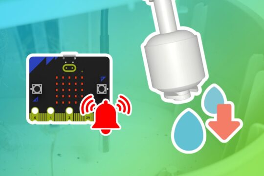 Thumbnail. Micro:bit and a float switch are present, symbolizing a low-water alarm project. A red bell icon with alarm waves is positioned next to the micro:bit. Below the float switch are two blue water drops and a prominent red downward arrow, signifying a drop in water level and an alert.