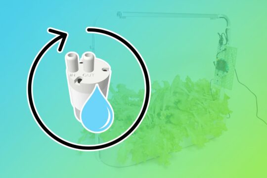 Thumbnail. The peristaltic pump is present with a large circular arrow looping around it. This symbolizes a water recirculation system. The pump and arrow are overlaid on a background image of a hydroponic lettuce growing setup.