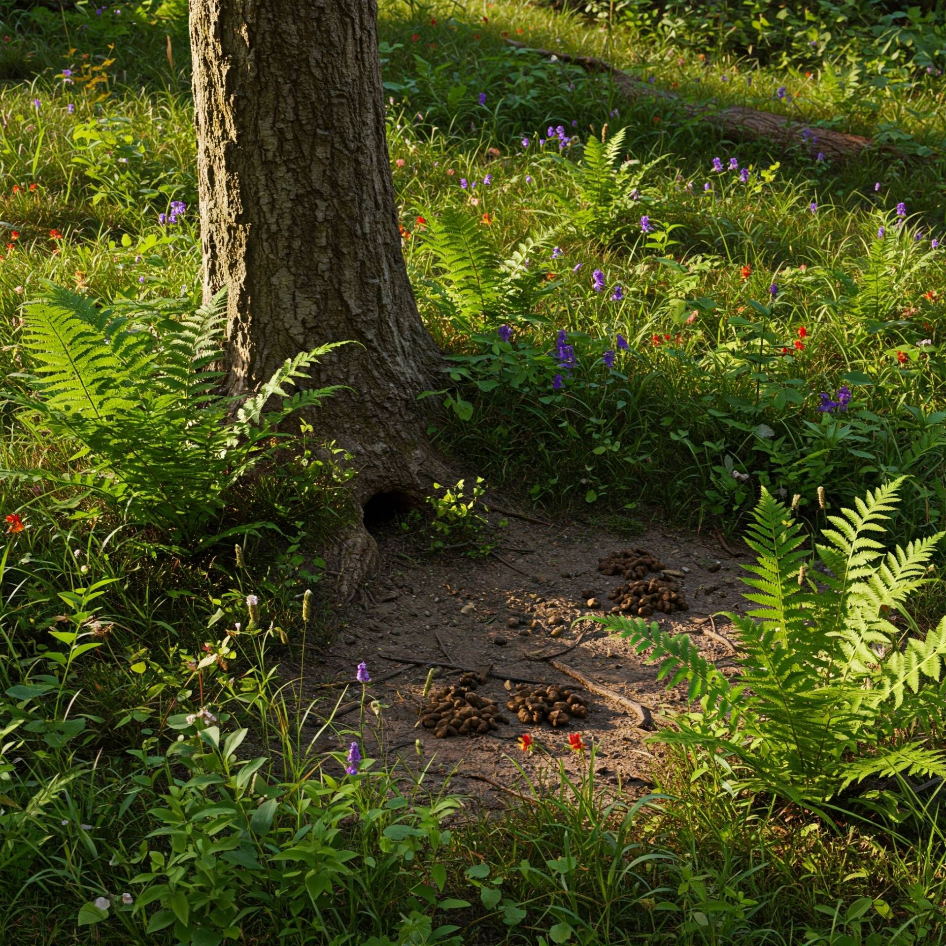 A small forest habitat featuring a tree and some vegetation
