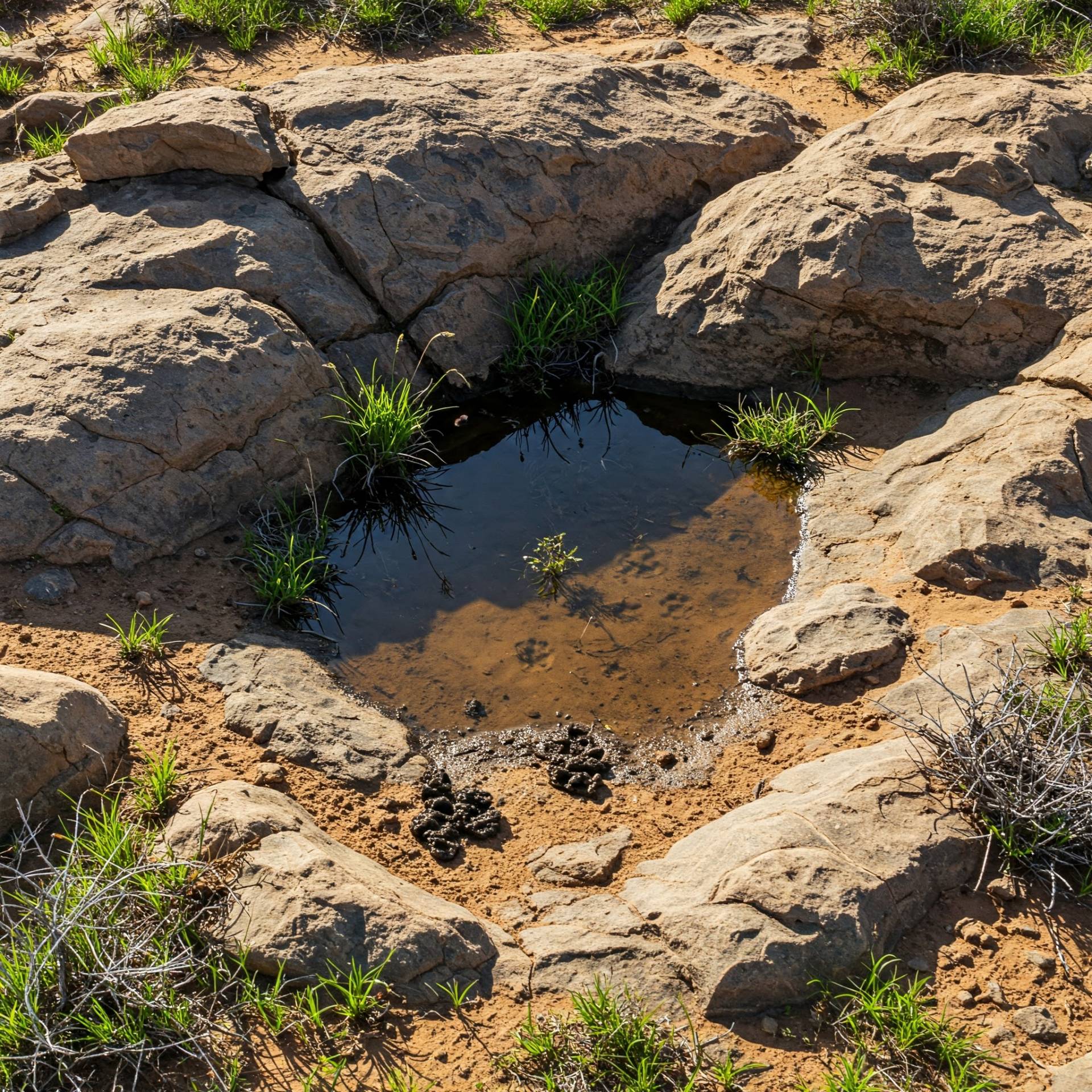 A small tidal pool habitat featuring some water in a puddle and some vegetation