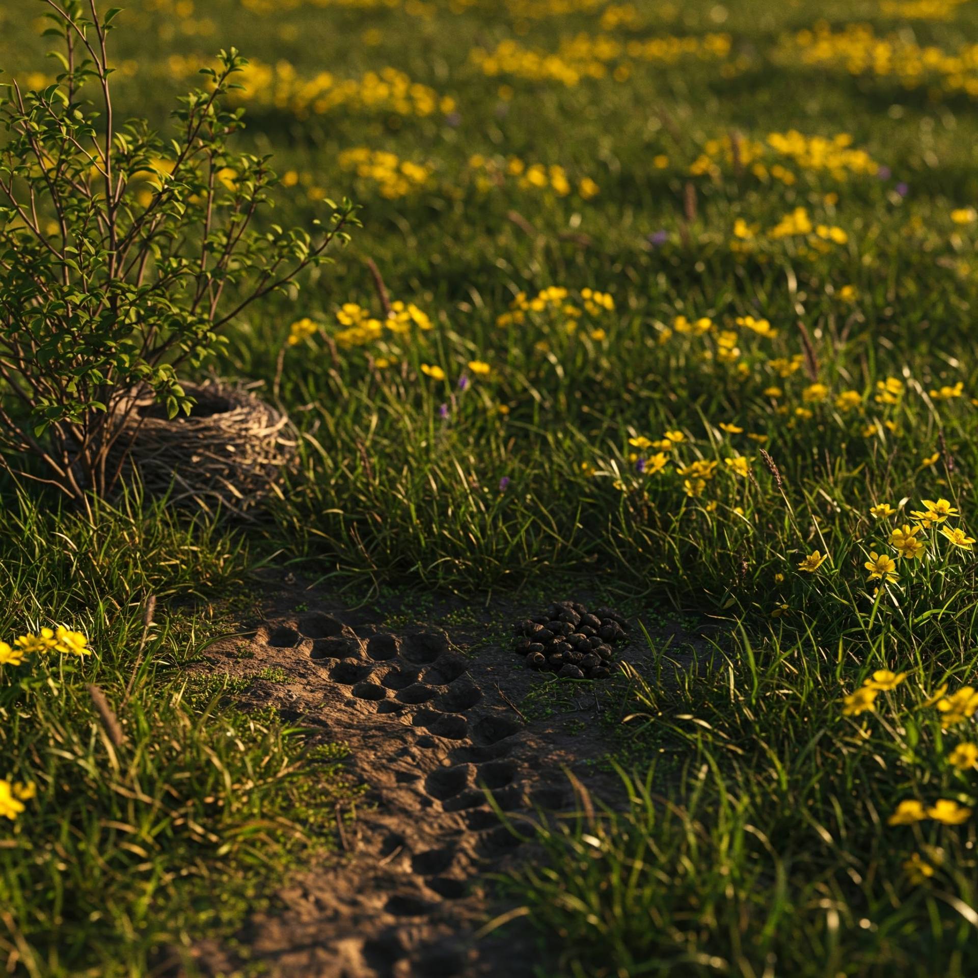 A small field featuring some animal tracks and wildflowers