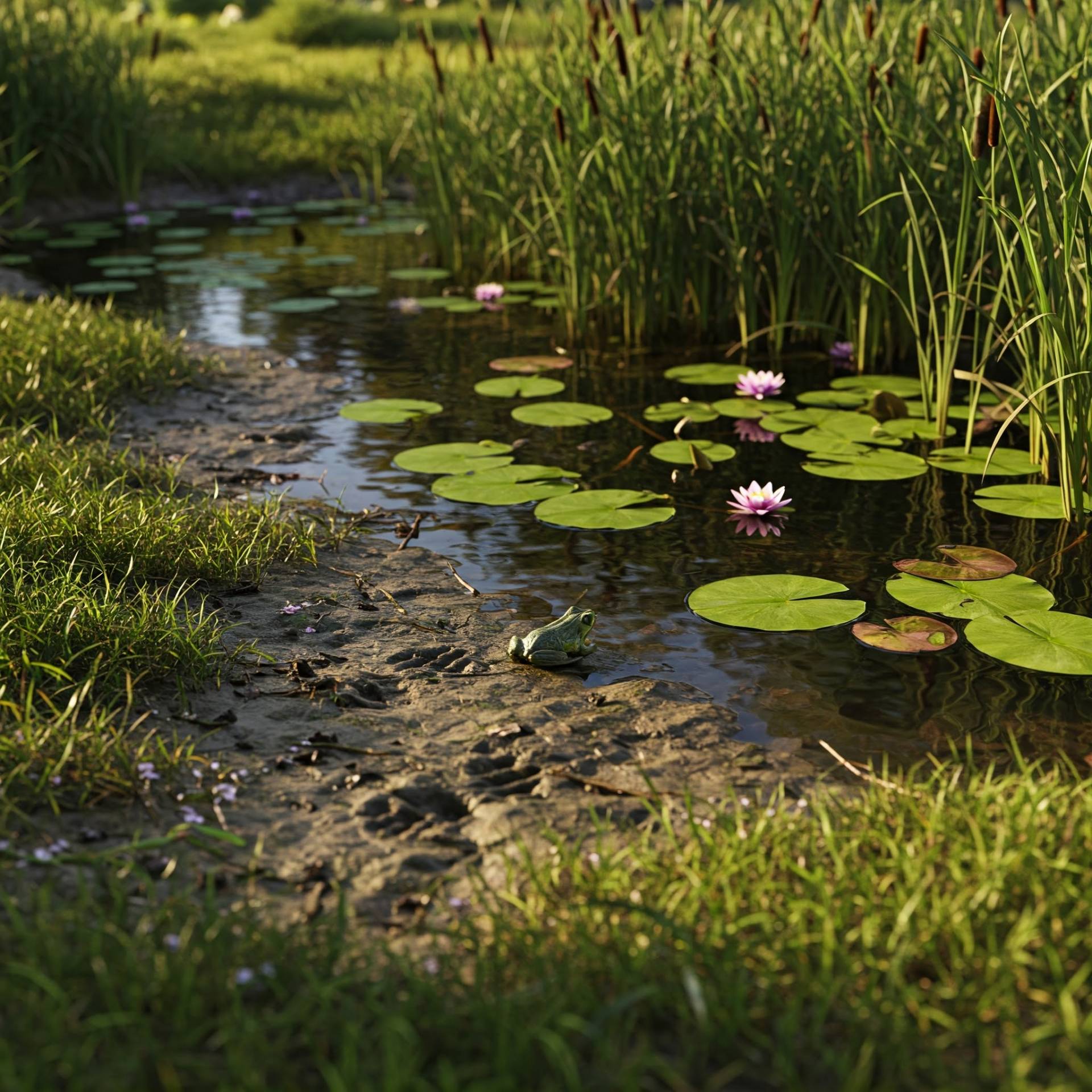 A small pond habitat featuring some lily pads and animal tracks
