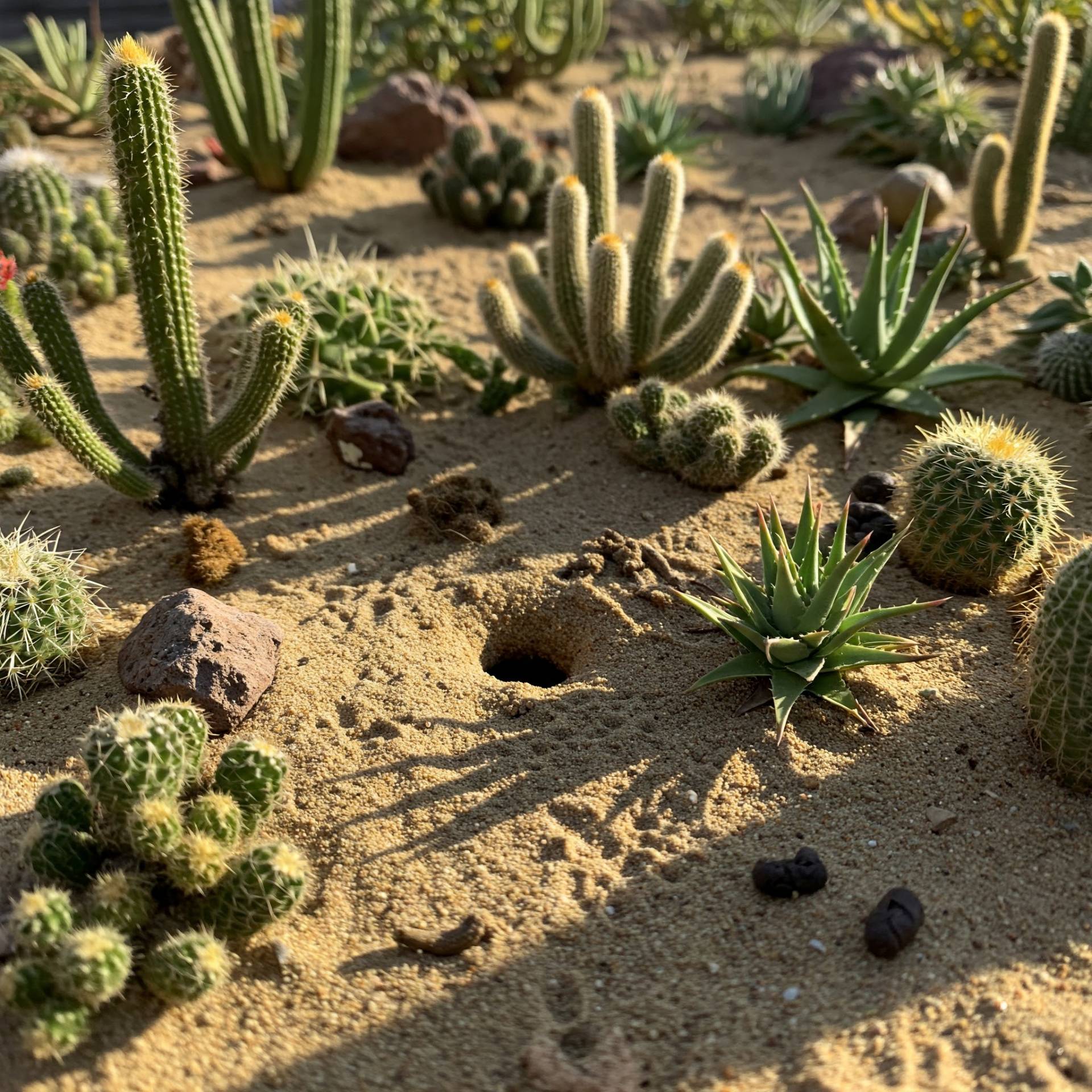 A small desert habitat featuring some native plants and animal tracks