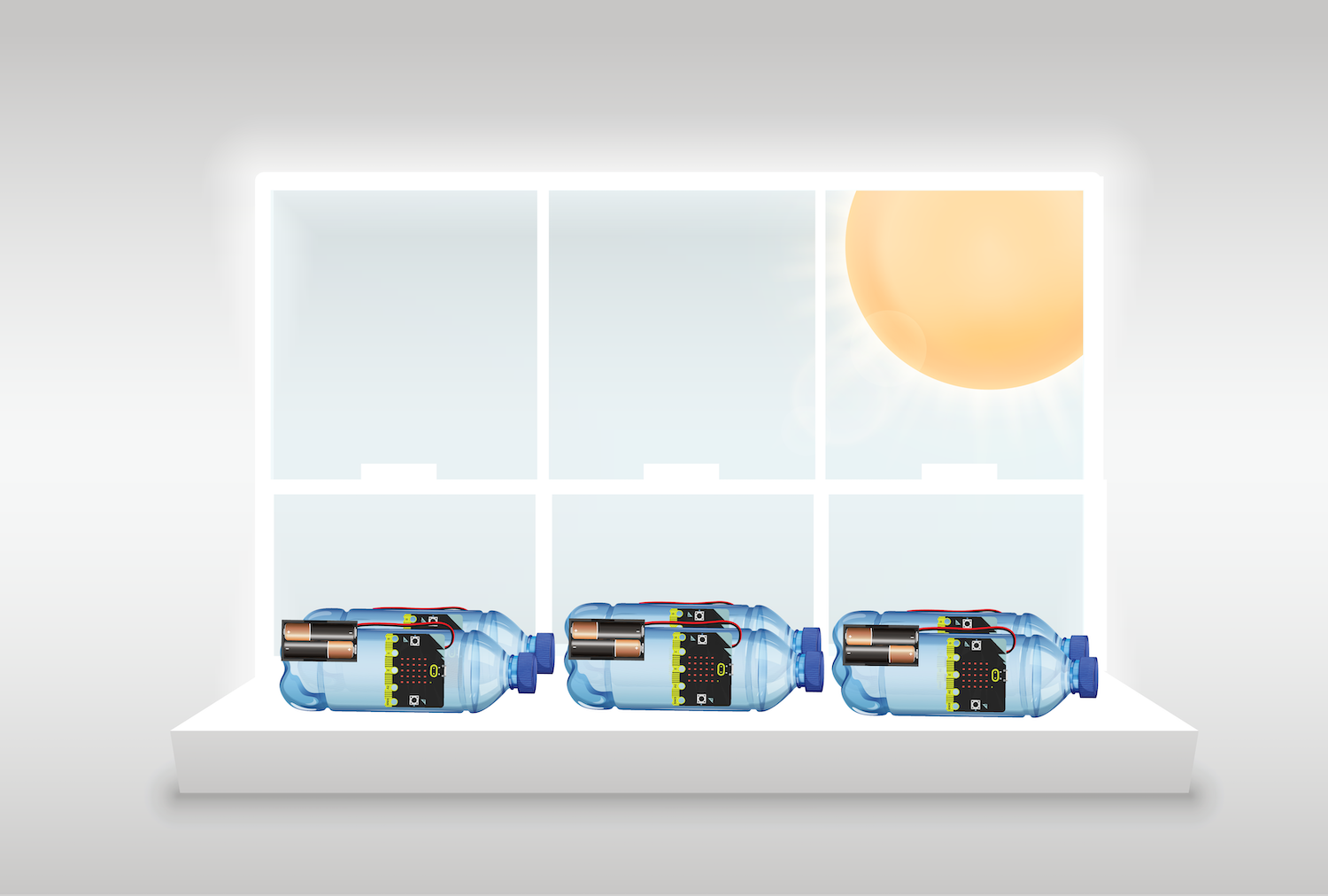 A 3D render of 6 of Forward Education's Solar Water Disinfection (SODIS) project builds sitting on a windowsill.