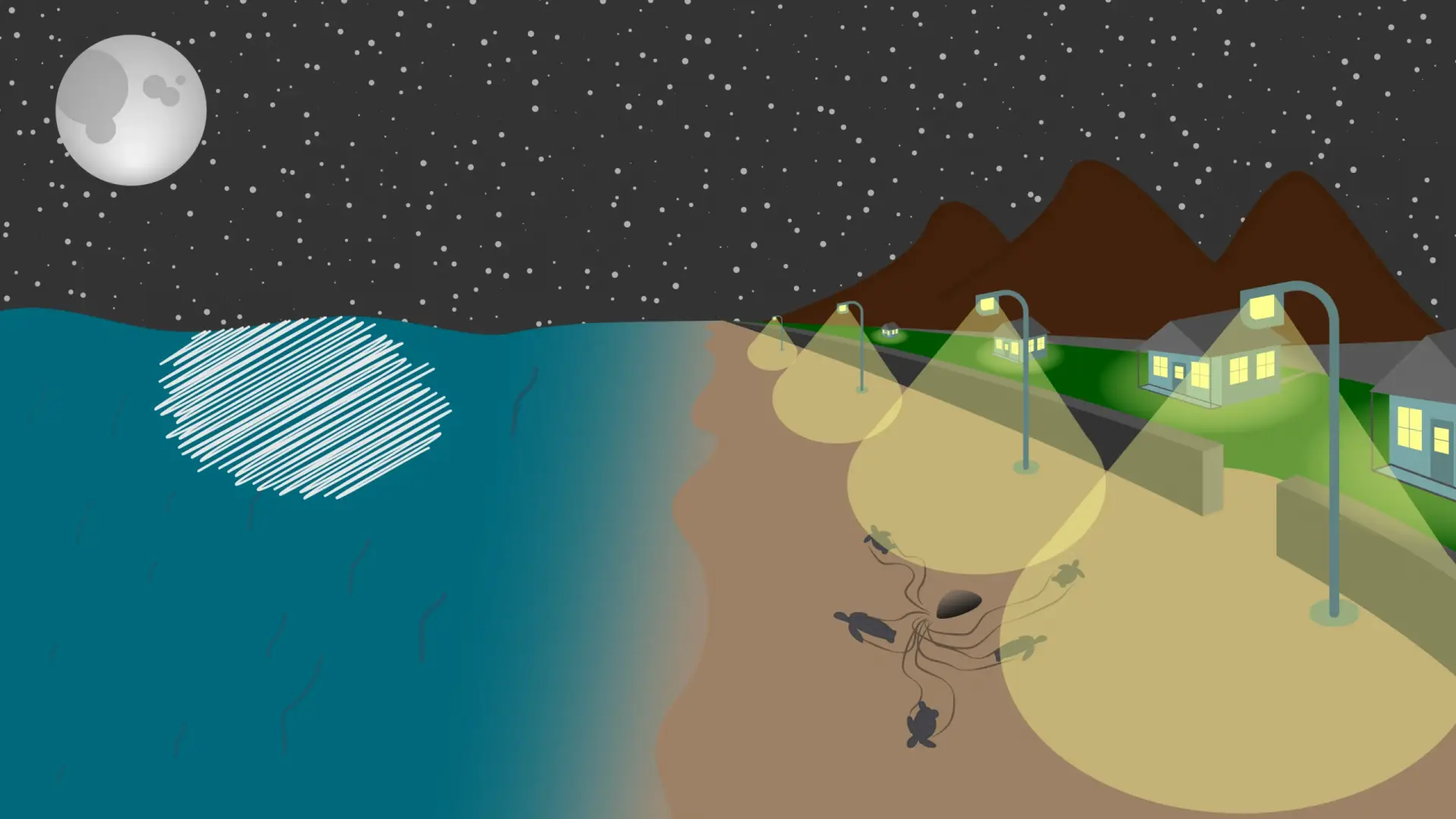 A cartoon of baby turtles moving towards LED street lights and the ocean.
